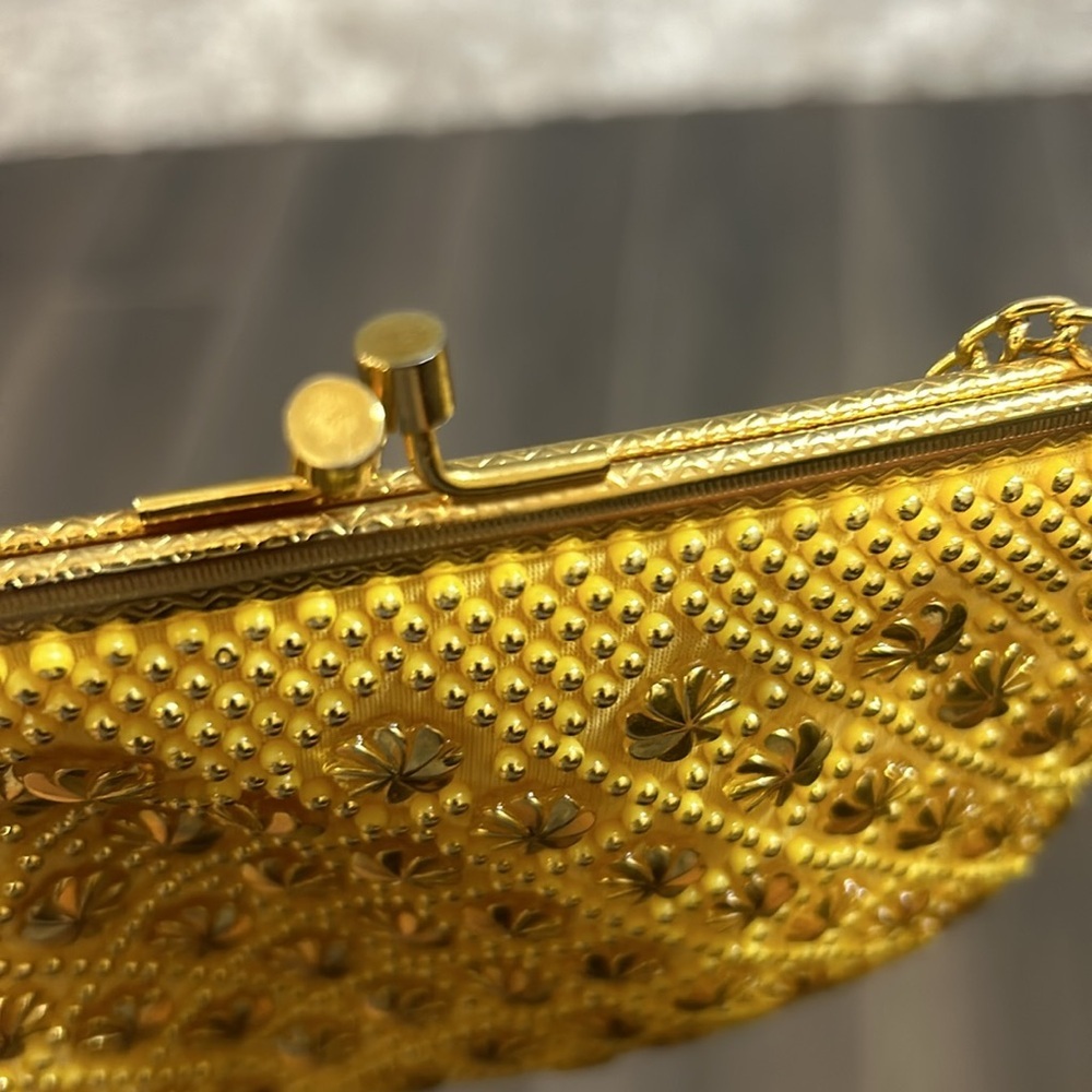 Vintage Handmade Yellow and Gold Beaded Evening Bag Made in Hong Kong - Picture 9 of 13